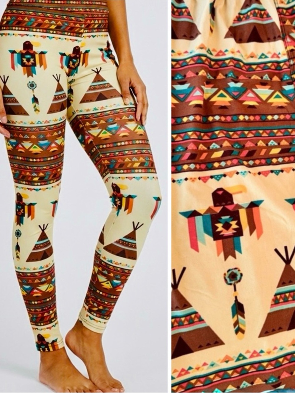 BOHO Tribal TeePee Indian High Waisted Leggings w Elastic Waistband